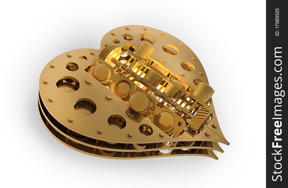 GOLD Mechanical heart V8 isolated on white 3d render. GOLD Mechanical heart V8 isolated on white 3d render
