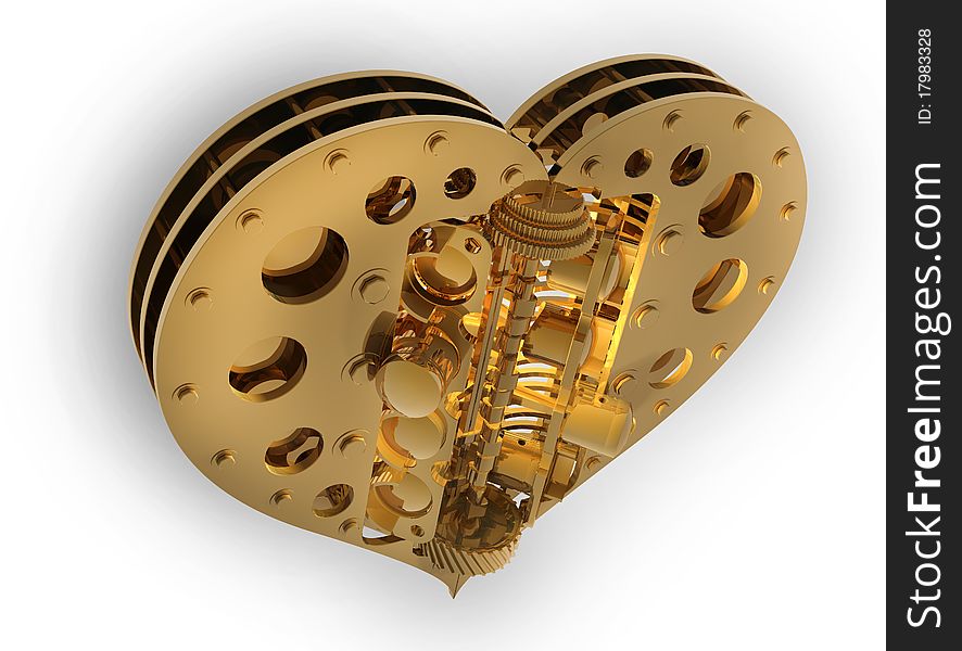 GOLD Mechanical heart V8 isolated on white 3d render. GOLD Mechanical heart V8 isolated on white 3d render