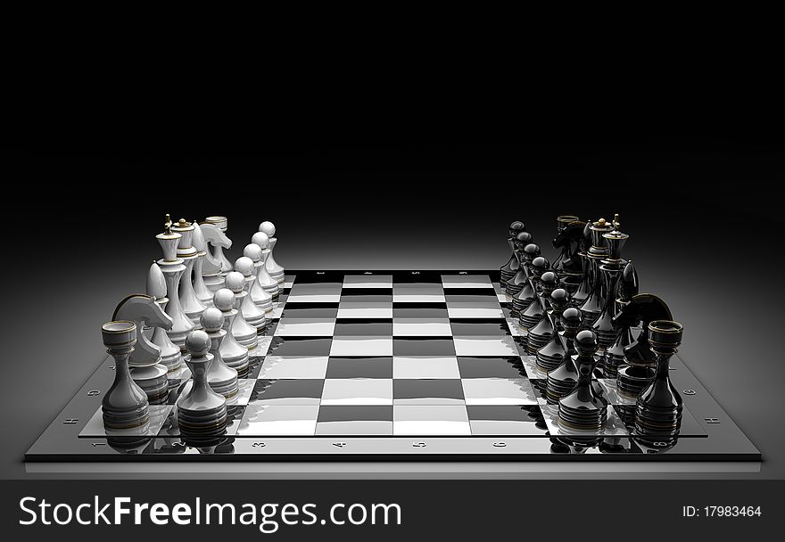 Composition with chessmen on glossy chessboard on black 3d render