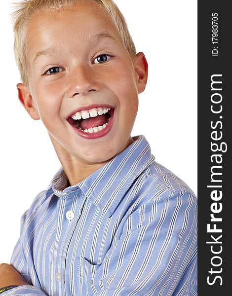 Portrait of young happy smiling boy. Isolated on white background.