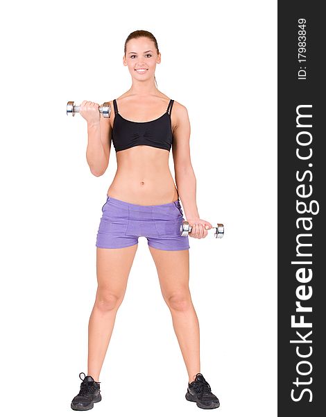 Portrait of strong girl lifting barbells on a white background. Portrait of strong girl lifting barbells on a white background