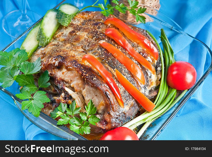 Fish baked in an oven and different vegetables. Fish baked in an oven and different vegetables.