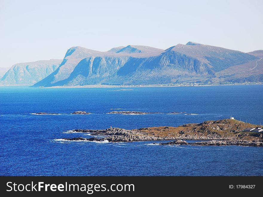 View of fjords, sea, island