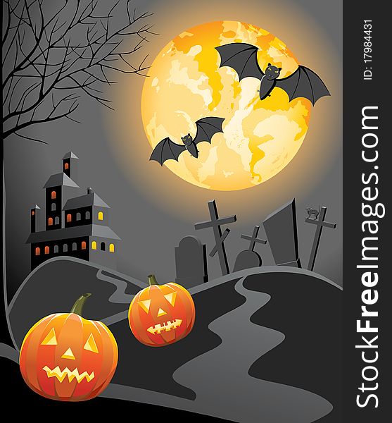 Halloween background with moon, pumpkins and cemetery