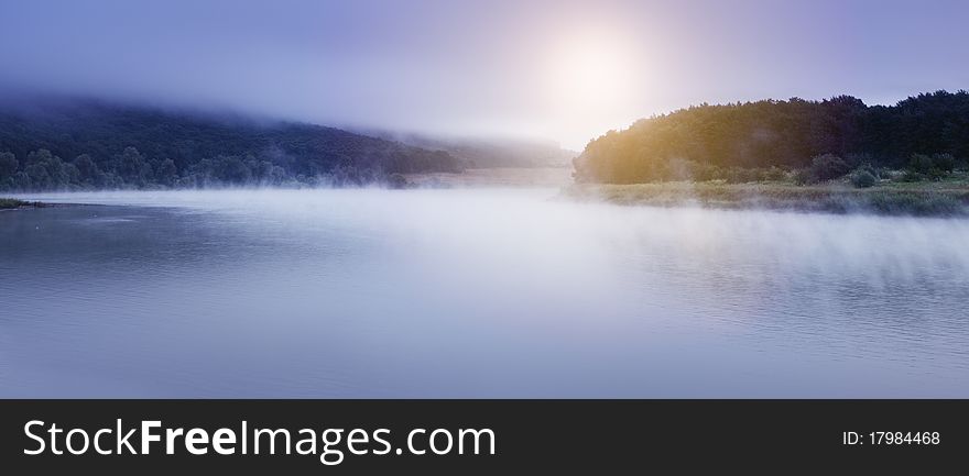 Beautiful sunset in the river. Evening HDR image