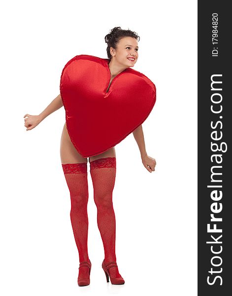 Young woman in Heart suit over white. Young woman in Heart suit over white