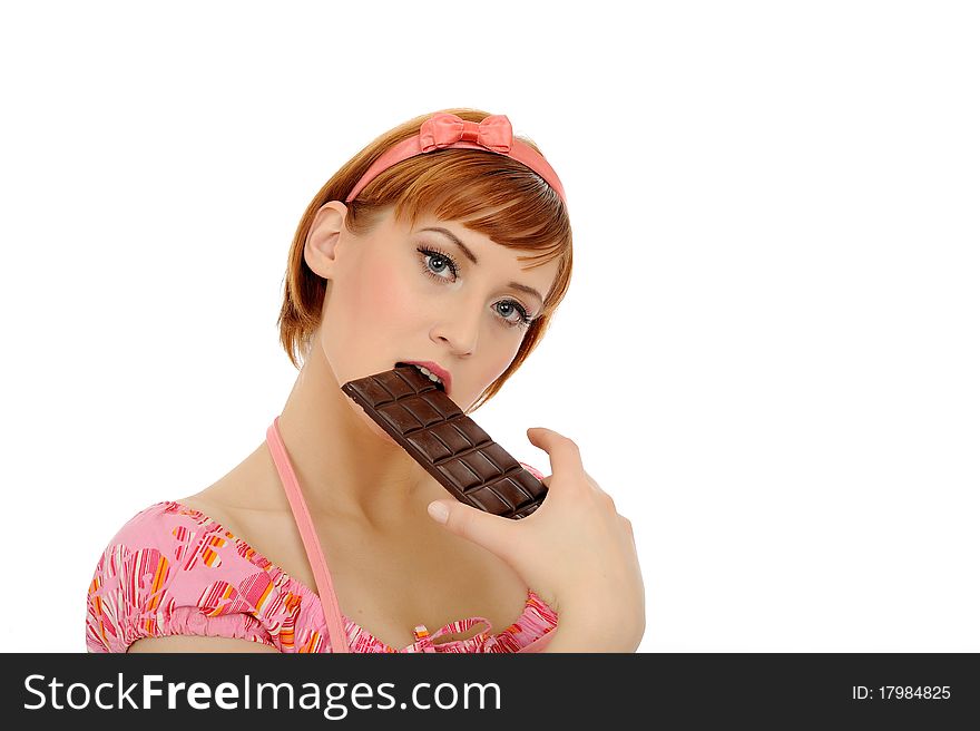 Beautiful woman eating chocolate bar. isolated on white background. Beautiful woman eating chocolate bar. isolated on white background