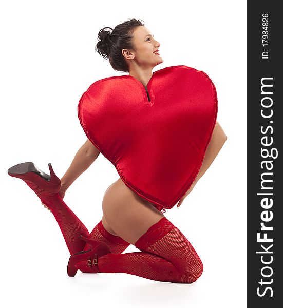 Young woman in Heart suit over white. Young woman in Heart suit over white