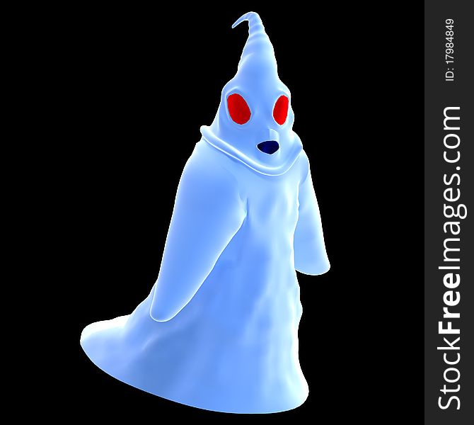 Funny cartoon ghost. 3D rendering with clipping path and shadow over white