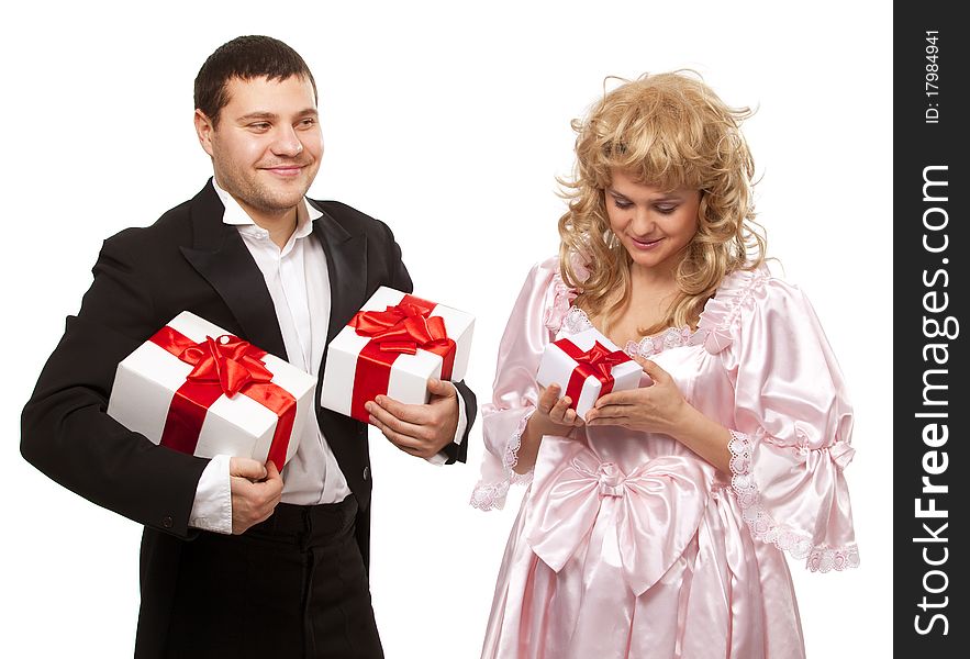 Victorian couple with gift boxes. Isolated over white background