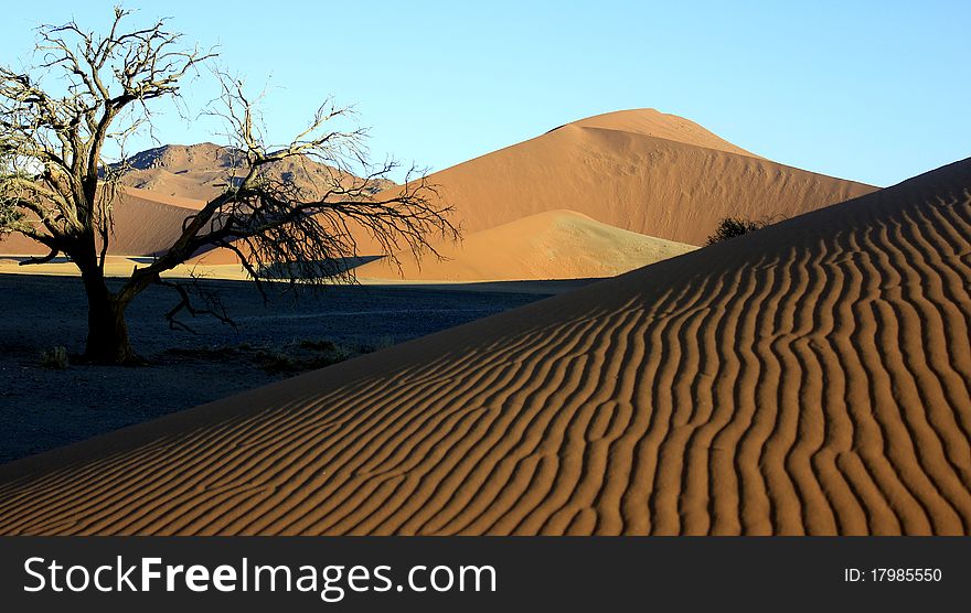 Dunes in Sossusvlei, Namibie with amazing colours showing as sun is settong.