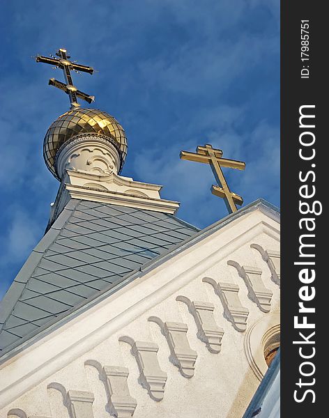 Winter photograph of the Orthodox Church at sunset. Russia