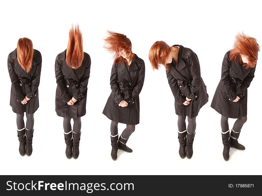 A red haired young girl dancing in 5 different positions. A red haired young girl dancing in 5 different positions