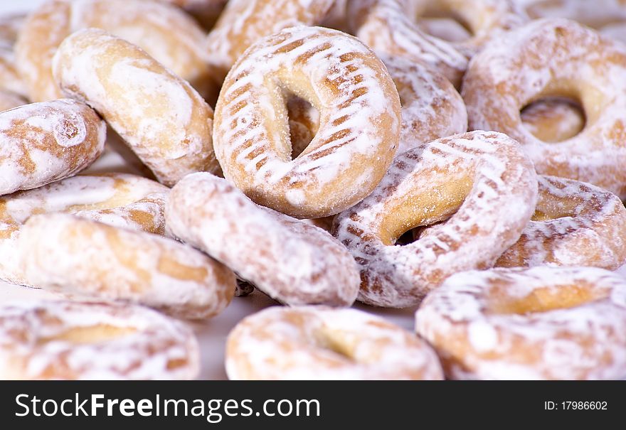 Many ring bagels on background