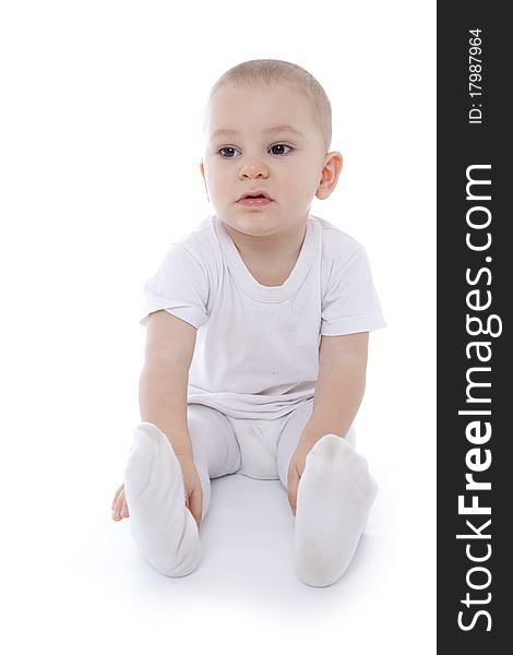 Bright closeup portrait of adorable baby over white