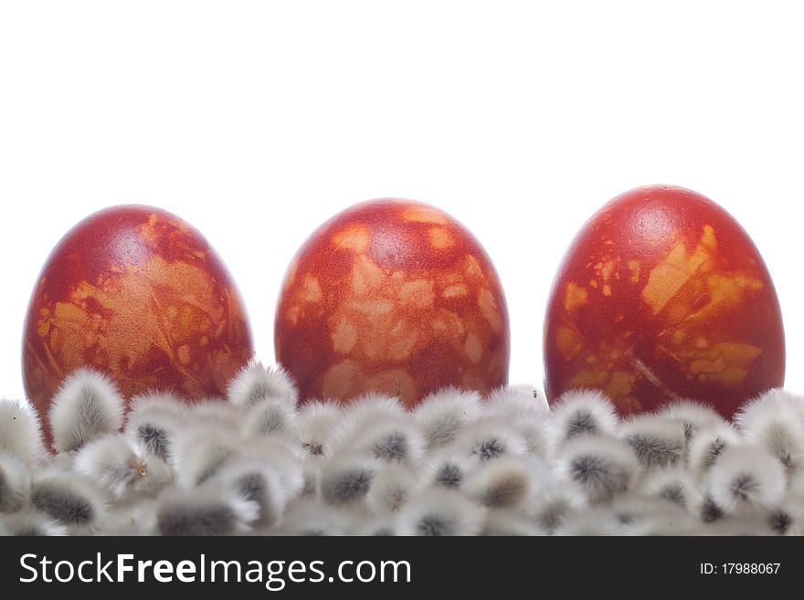 Three red easter eggs with pussy willow on white isolated background. Three red easter eggs with pussy willow on white isolated background