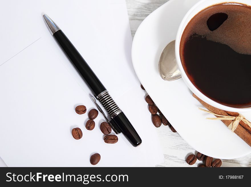 Coffee and letters with pen on the table. Coffee and letters with pen on the table