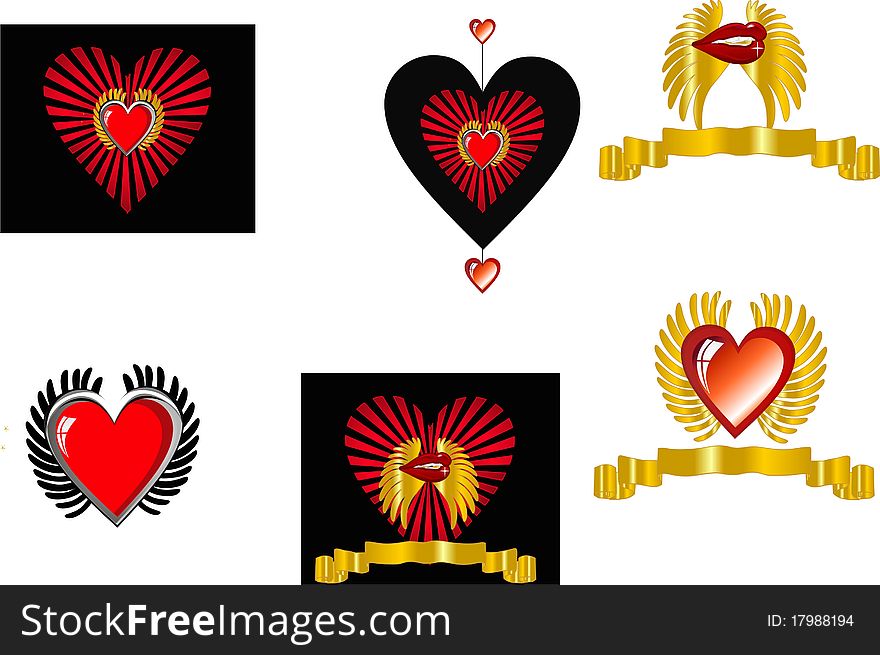 Hearts with wings and banners and also lips,in a set, for St. Valentines Day or a romantic usage. Hearts with wings and banners and also lips,in a set, for St. Valentines Day or a romantic usage.