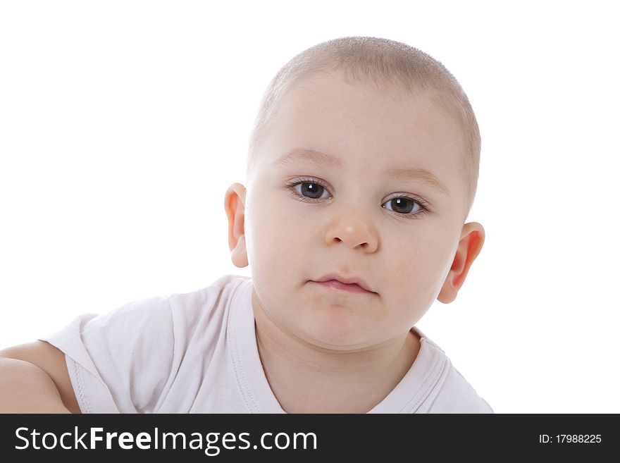 Bright closeup portrait of adorable baby over white