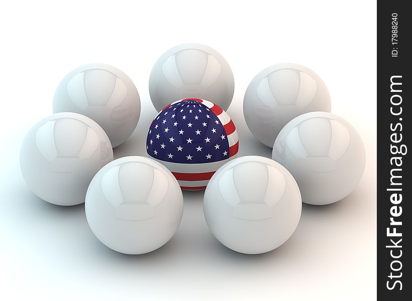 Sphere with a flag of America in an environment of white spheres. Sphere with a flag of America in an environment of white spheres