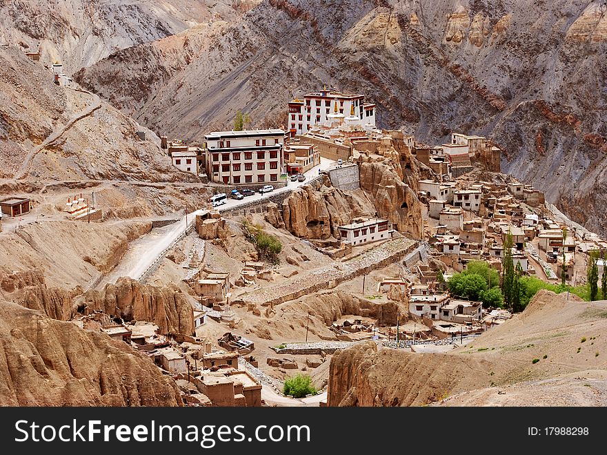 An old and ancient Buddhist monastery and other buildings in Himalayan valley. An old and ancient Buddhist monastery and other buildings in Himalayan valley.