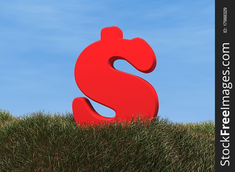 3d red dollar sign on a grass