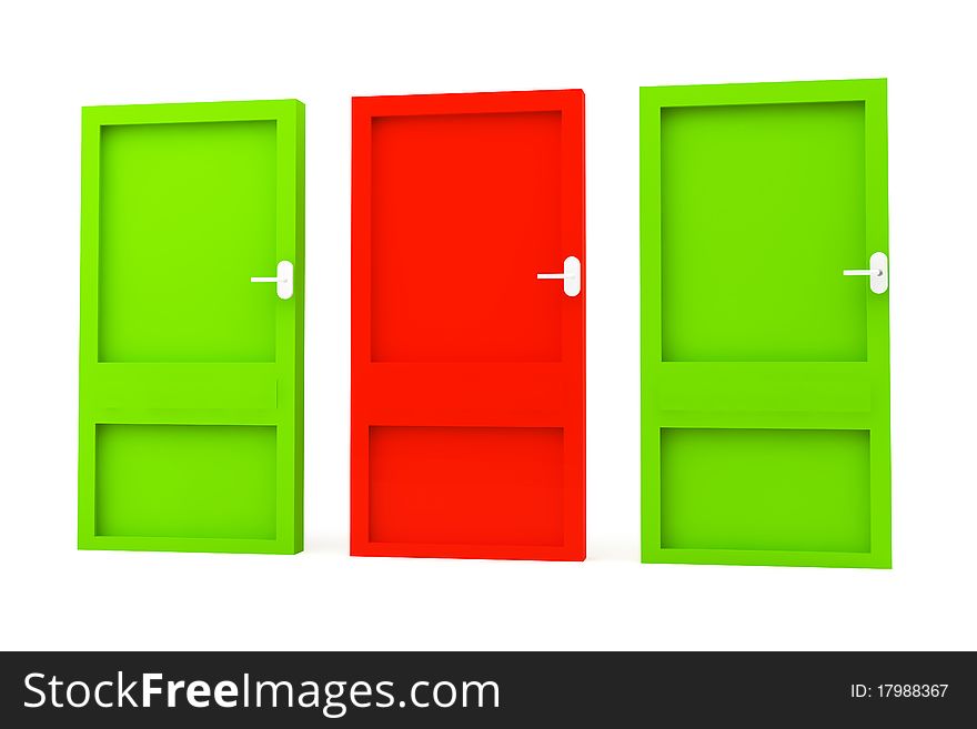 Three closed doors, one red and two green