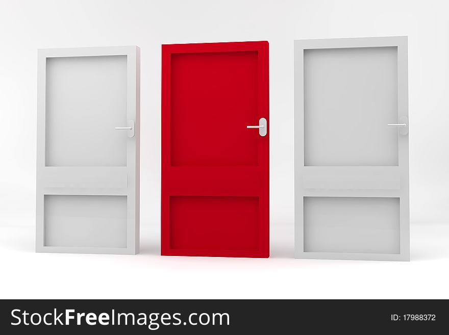 Three closed doors, one red and two white. Three closed doors, one red and two white