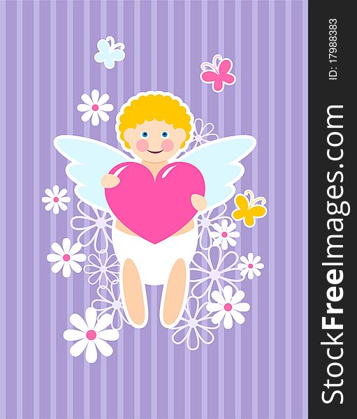 Cute cupid with heart, flowers and butterflies