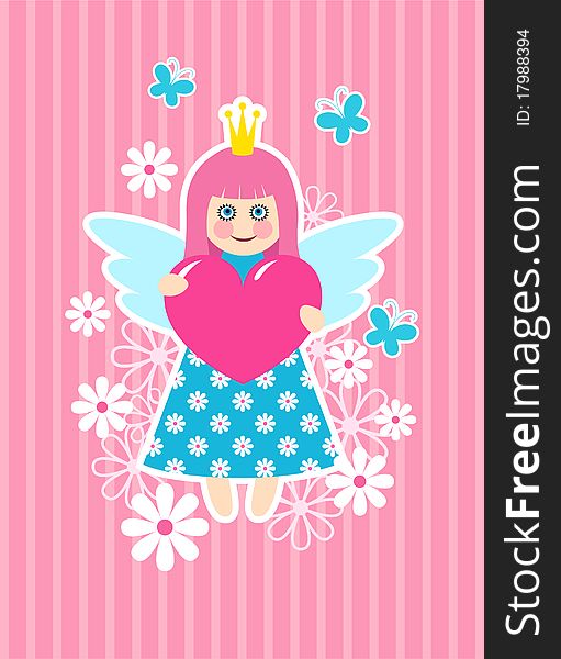 Cute princess on pink background with heart