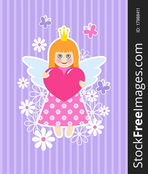 Cute princess with heart, flowers and butterflies