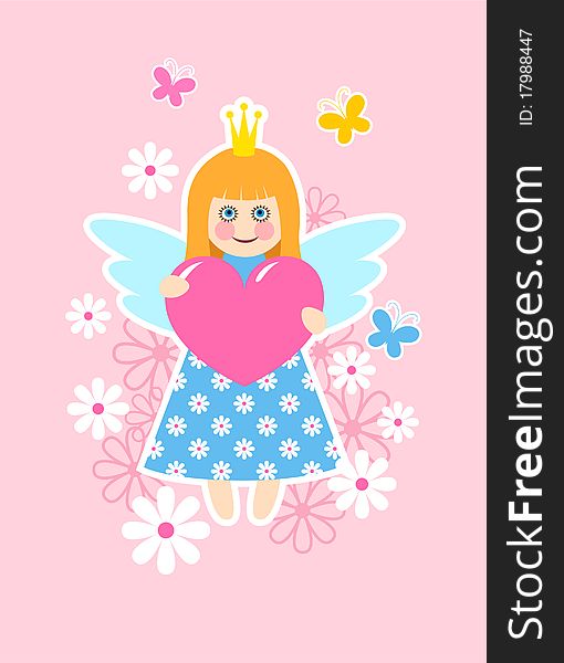 Cute princess on pink background with heart