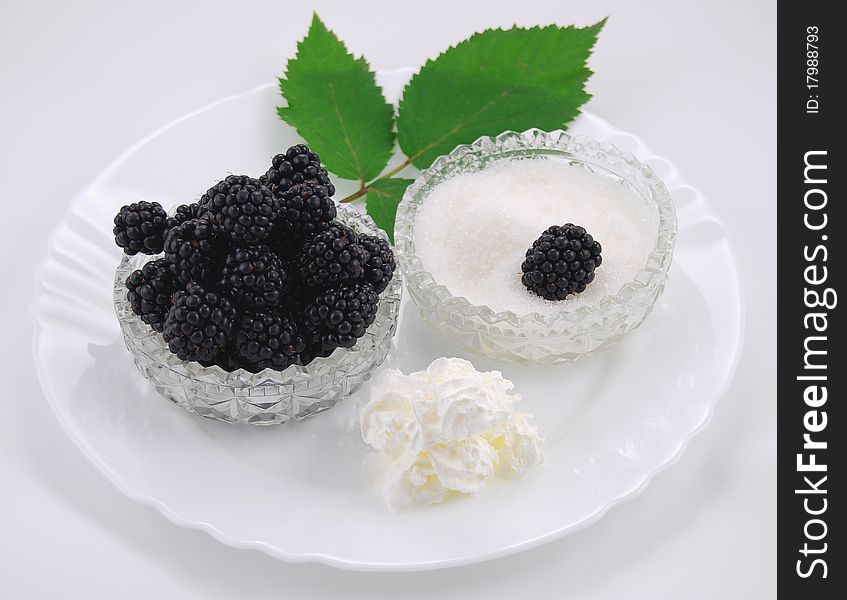 Still with black berry on bowl and plate. Still with black berry on bowl and plate