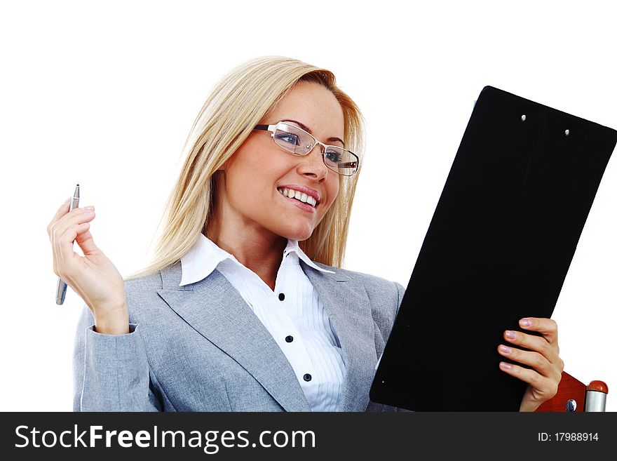 Business woman hold a folder of papers and write. Business woman hold a folder of papers and write