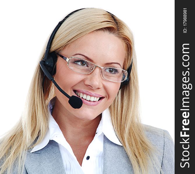 Woman call with headset close portrait