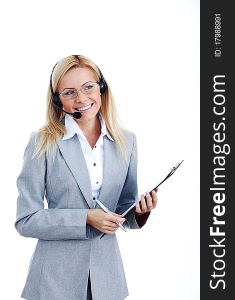 Woman call with headset close portrait