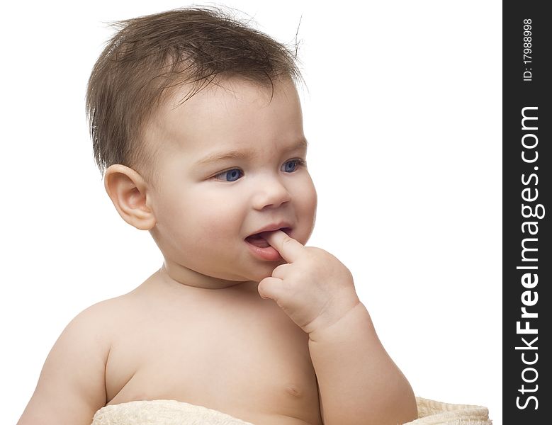 The small child after bathing on a white background