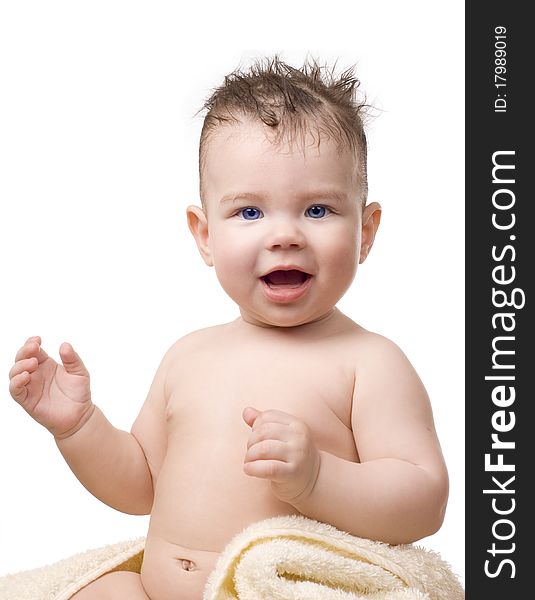 The small child after bathing on a white background
