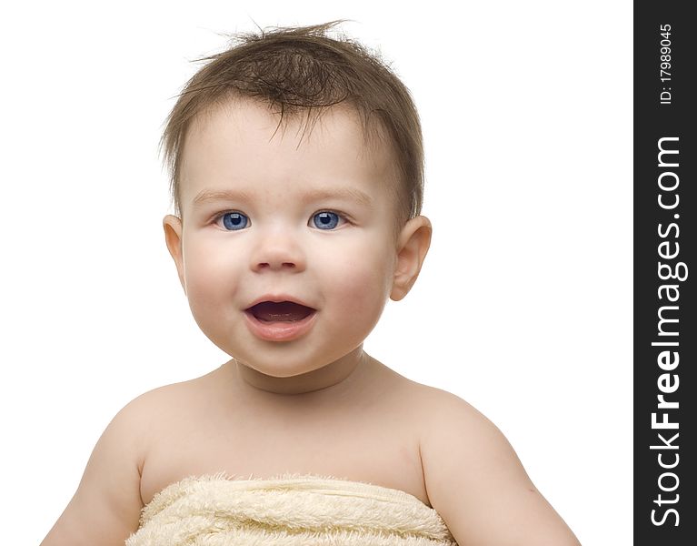 The small child after bathing on a white background