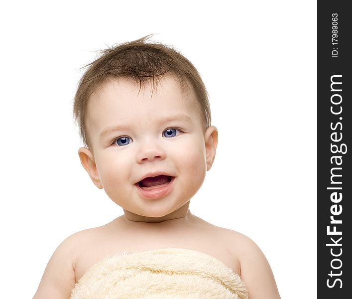 The small child after bathing on a white background