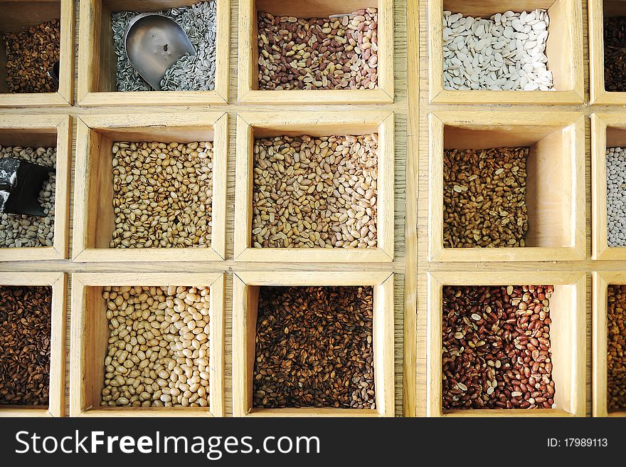 Hazelnuts and seeds in shop boxes. Hazelnuts and seeds in shop boxes