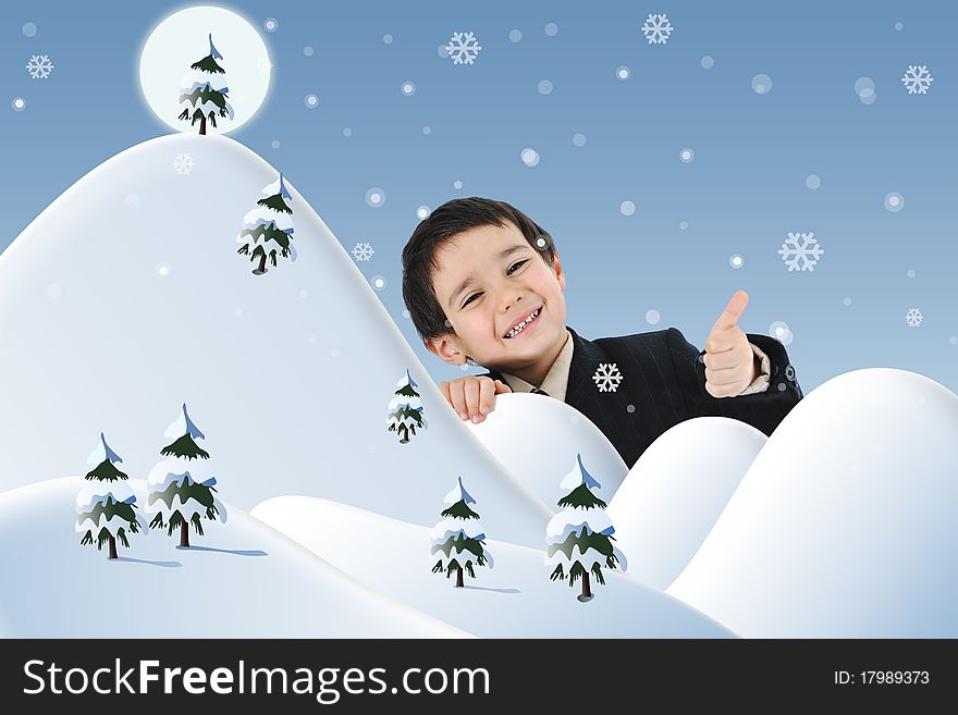 Conceptual photo combined with illustration. New year, winter and snow, child and happiness for your card.