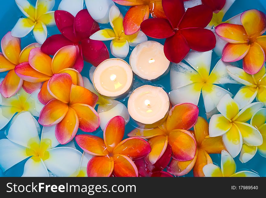 Three candles surrounded by Plumeria. Three candles surrounded by Plumeria