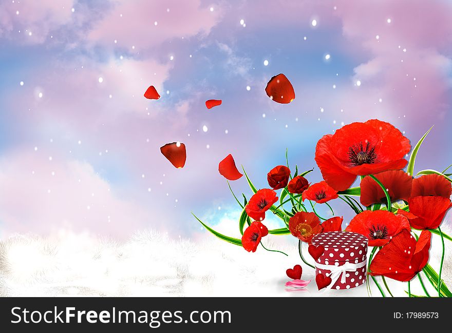 Romantic Poppyes on a background blue sky with snow