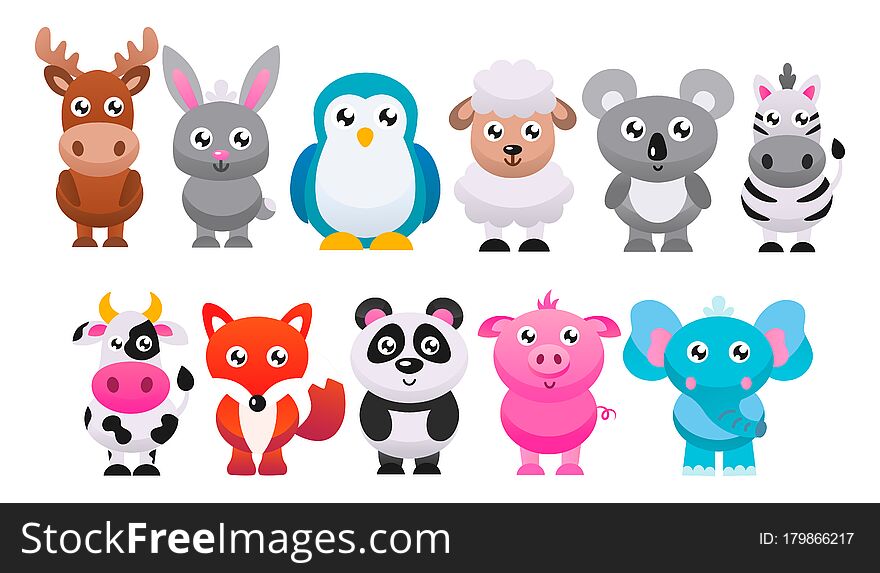 Collection of cute cartoon animals. Vector flat illustration