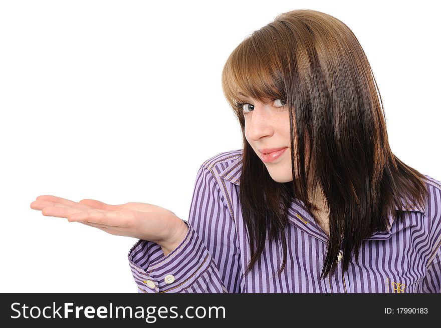 Young woman holding hand presenting a product. On a white background