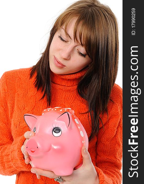 Young beautiful woman standing with piggy bank (money box), isolated on white background. Young beautiful woman standing with piggy bank (money box), isolated on white background