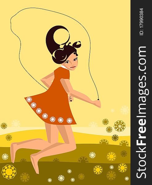 Illustration of a jump rope girl in a meadow