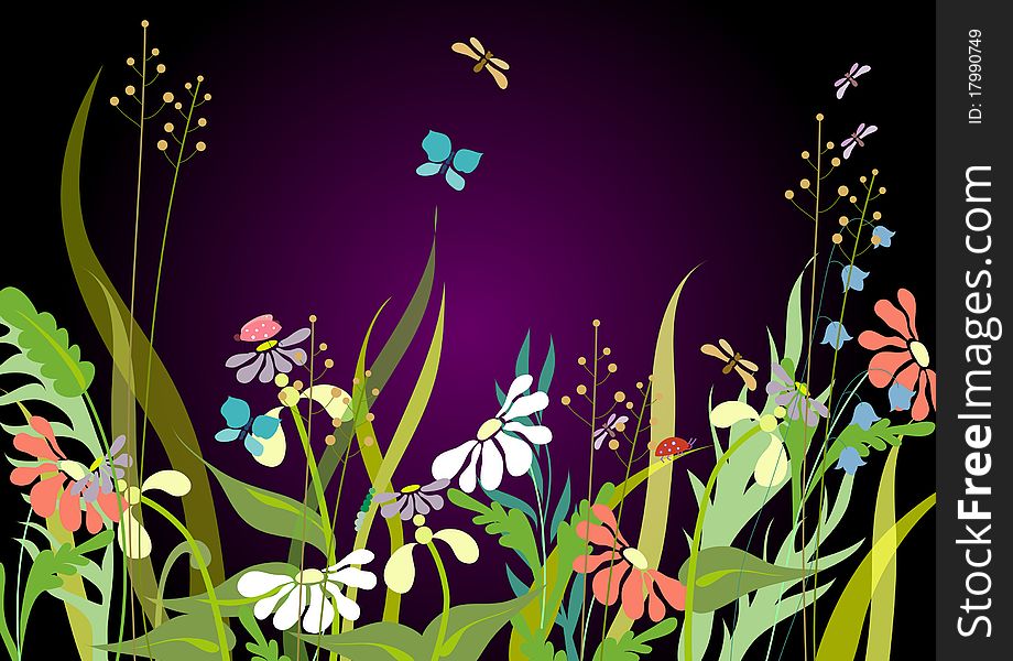 Flowers in the evening. Decorative daisies and bluebells.