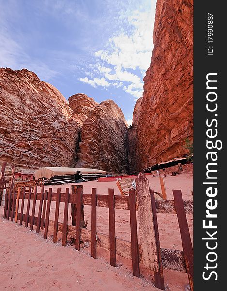 Desert camp in Wadi Rum is built to facilitate basic hospitalities to tourists such as small cafe, souvenirs shop etc.